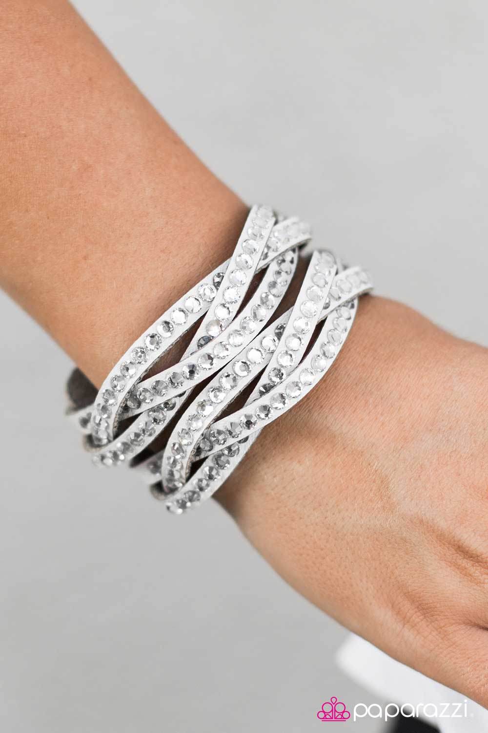 Rocket Power White Leather and Rhinestone Braided Urban Wrap Snap Bracelet - Paparazzi Accessories- lightbox - CarasShop.com - Paparazzi Jewelry by Cara Jewels