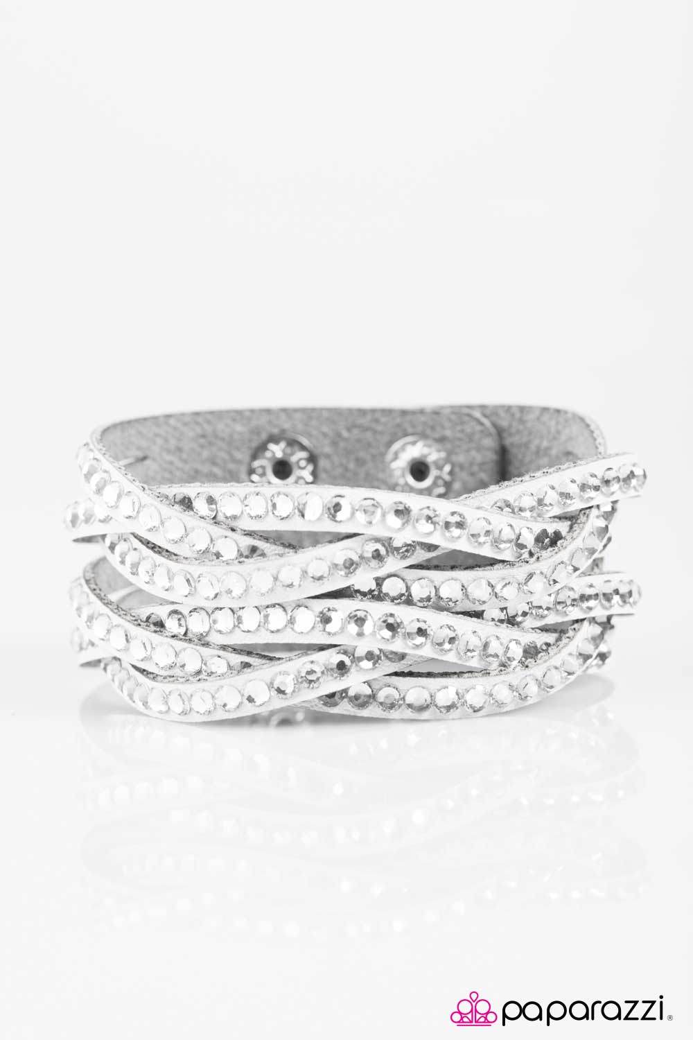 Rocket Power White Leather and Rhinestone Braided Urban Wrap Snap Bracelet - Paparazzi Accessories- on model - CarasShop.com - Paparazzi Jewelry by Cara Jewels