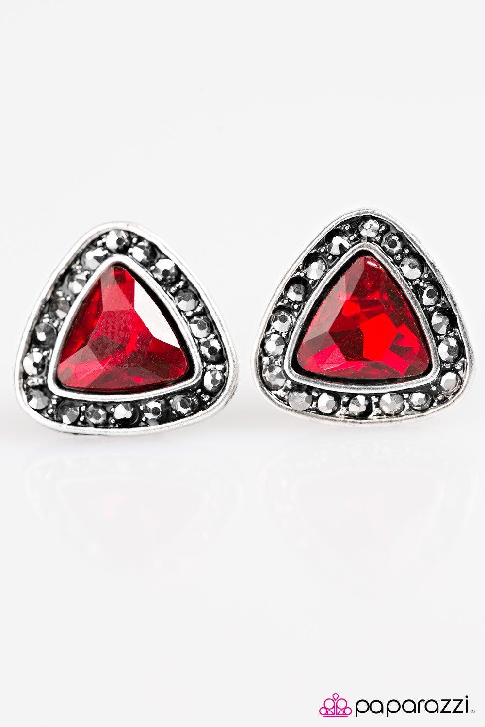 Rocking The Best Red Post Earrings - Paparazzi Accessories- on model - CarasShop.com - Paparazzi Jewelry by Cara Jewels