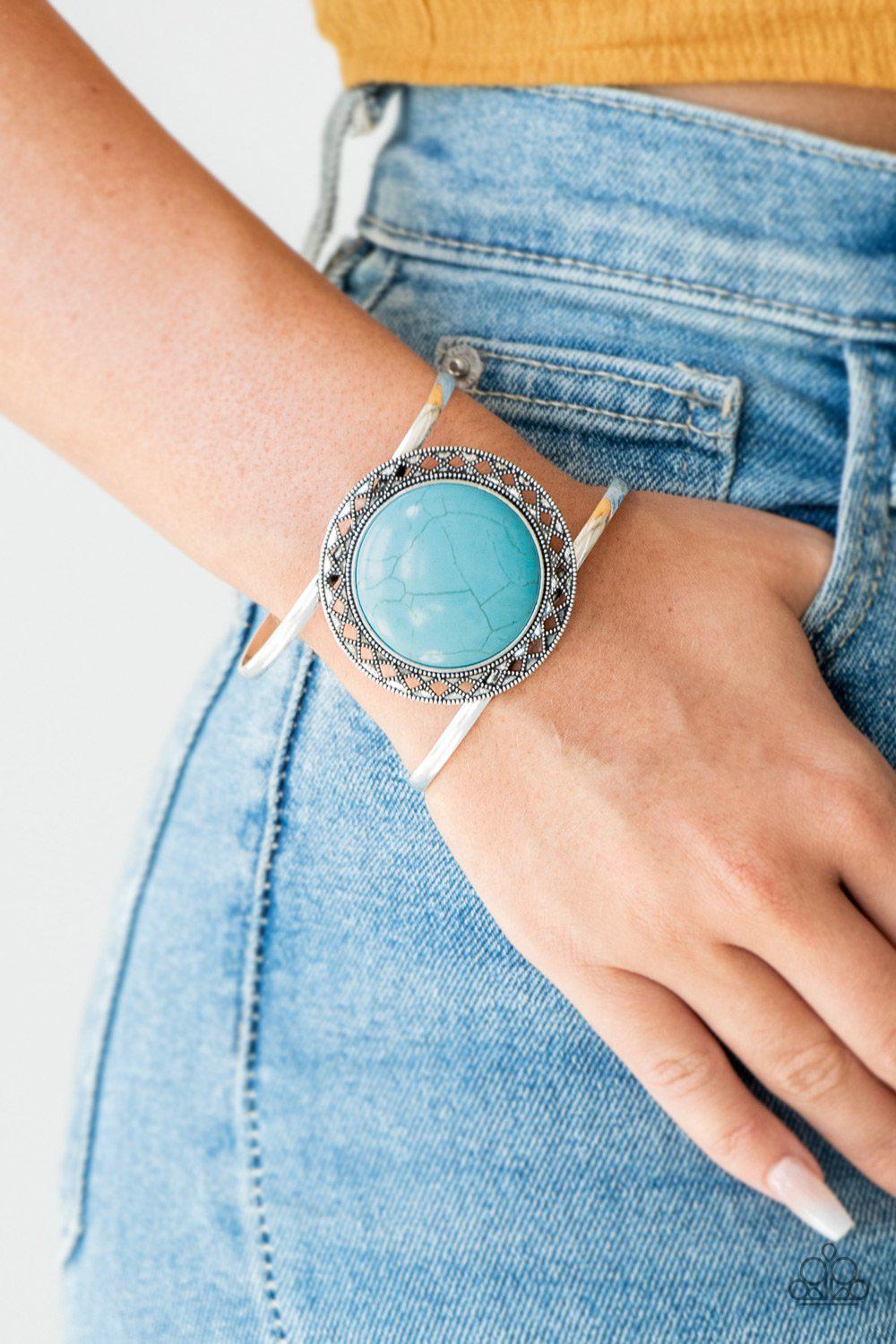 RODEO Rage Turquoise Blue Stone Cuff Bracelet - Paparazzi Accessories- on model - CarasShop.com - Paparazzi Jewelry by Cara Jewels