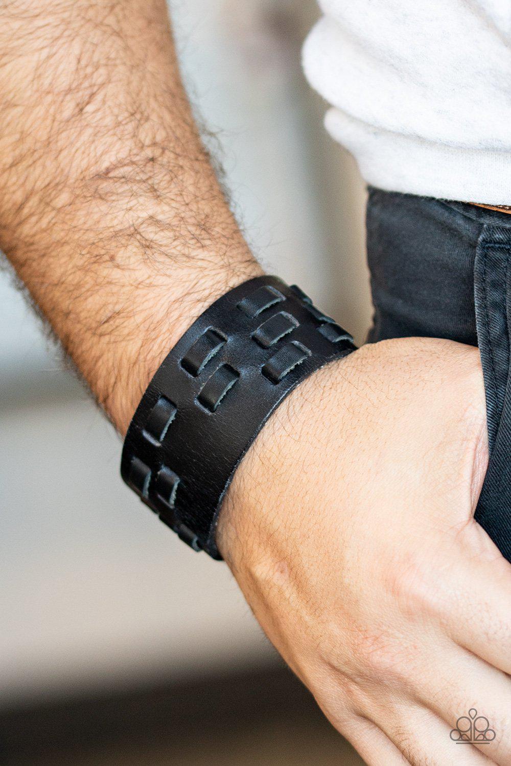 Rodeo Rampage Men's Black Leather Wrap Snap Bracelet - Paparazzi Accessories- lightbox - CarasShop.com - Paparazzi Jewelry by Cara Jewels