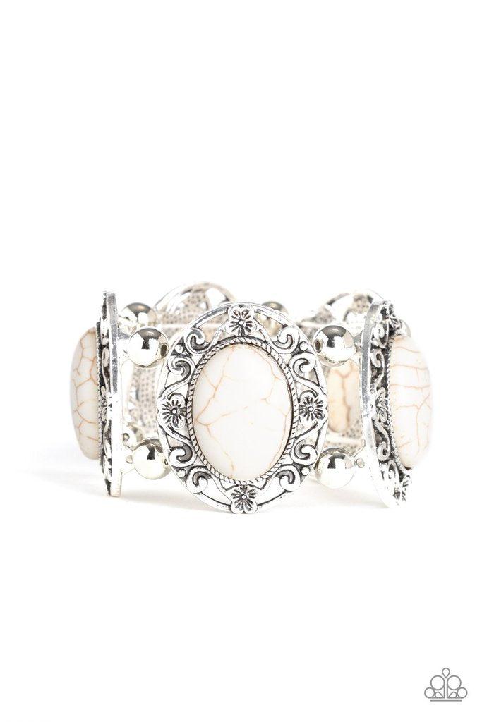 Rodeo Rancho White Stone and Silver Stretch Bracelet - Paparazzi Accessories- on model - CarasShop.com - Paparazzi Jewelry by Cara Jewels