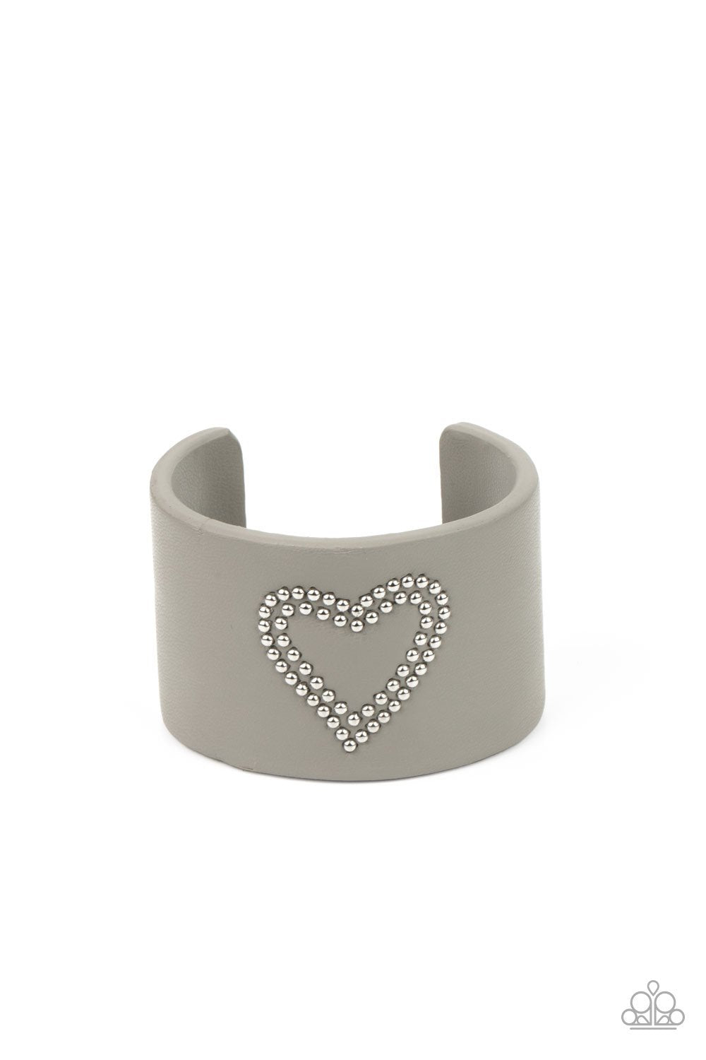 Rodeo Romance Silver Leather Heart Cuff Bracelet - Paparazzi Accessories- lightbox - CarasShop.com - Paparazzi Jewelry by Cara Jewels