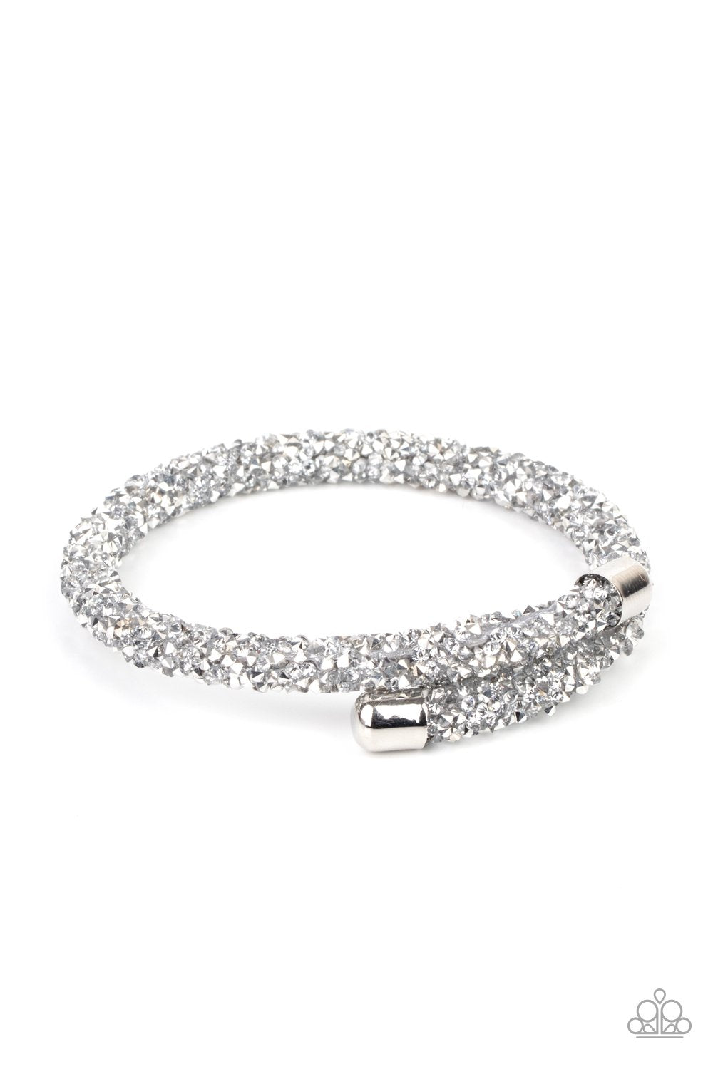 Roll Out The Glitz Silver and White Rhinestone Coil Bracelet - Paparazzi Accessories- lightbox - CarasShop.com - Paparazzi Jewelry by Cara Jewels