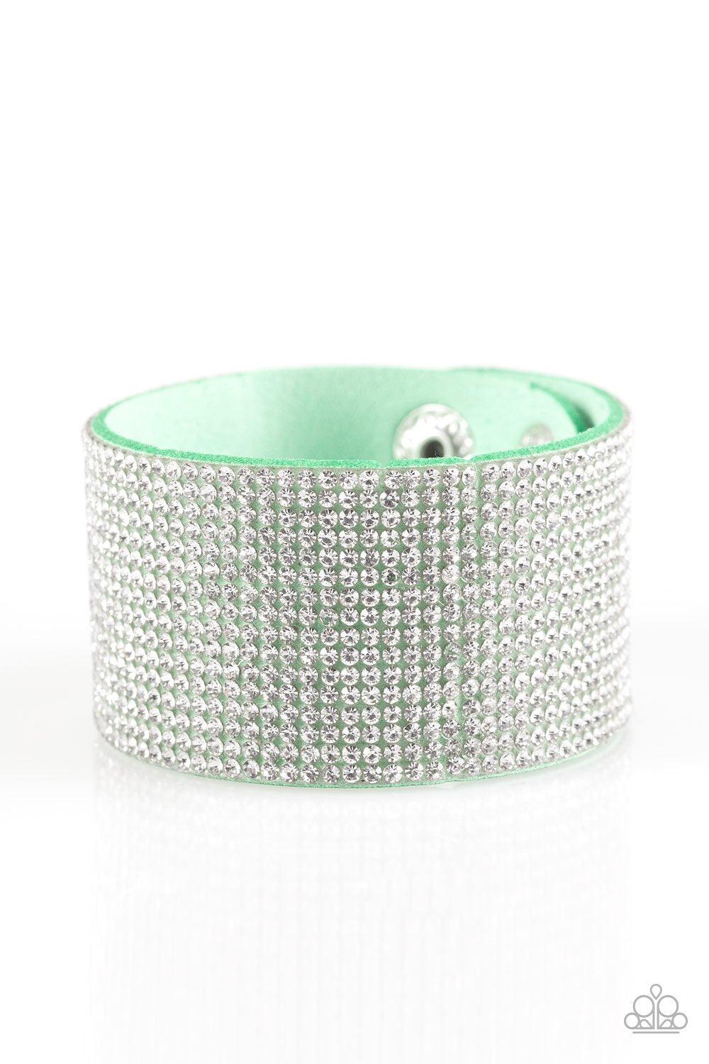 Roll With The Punches Green and White Rhinestone Urban Wrap Snap Bracelet - Paparazzi Accessories- lightbox - CarasShop.com - Paparazzi Jewelry by Cara Jewels