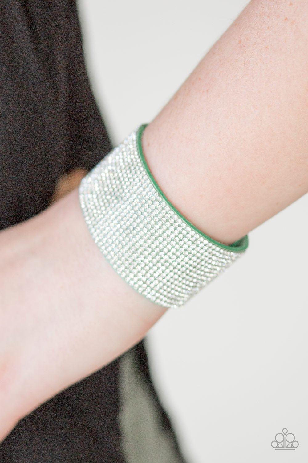Roll With The Punches Green and White Rhinestone Urban Wrap Snap Bracelet - Paparazzi Accessories- on model - CarasShop.com - Paparazzi Jewelry by Cara Jewels