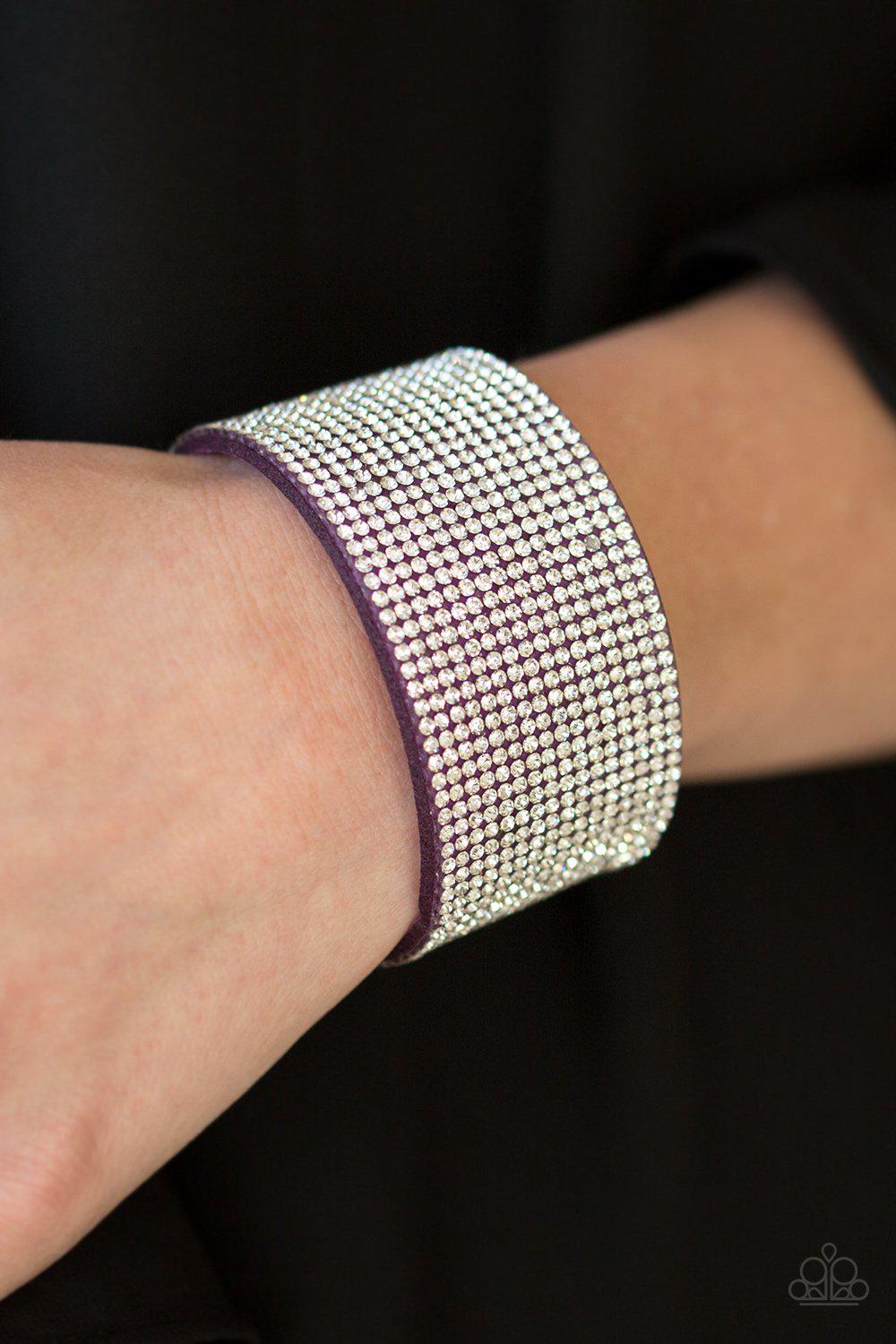 Roll With The Punches Purple and White Rhinestone Urban Wrap Snap Bracelet - Paparazzi Accessories- lightbox - CarasShop.com - Paparazzi Jewelry by Cara Jewels
