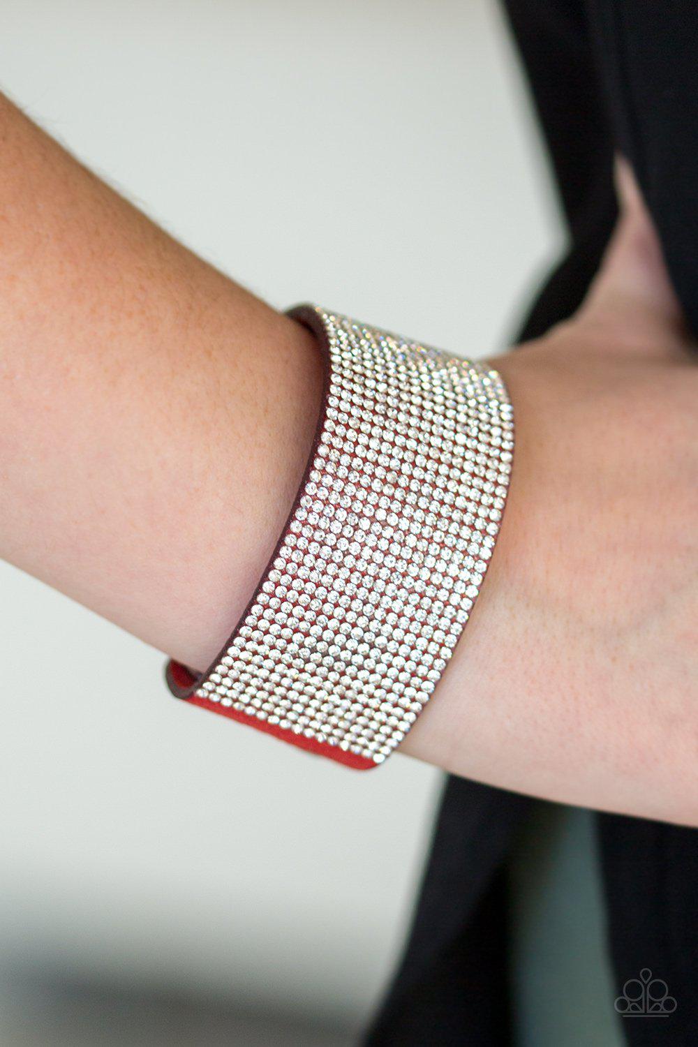 Roll With The Punches Red and White Rhinestone Urban Wrap Snap Bracelet - Paparazzi Accessories- lightbox - CarasShop.com - Paparazzi Jewelry by Cara Jewels