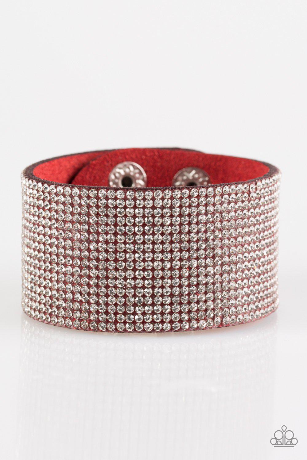 Roll With The Punches Red and White Rhinestone Urban Wrap Snap Bracelet - Paparazzi Accessories- on model - CarasShop.com - Paparazzi Jewelry by Cara Jewels