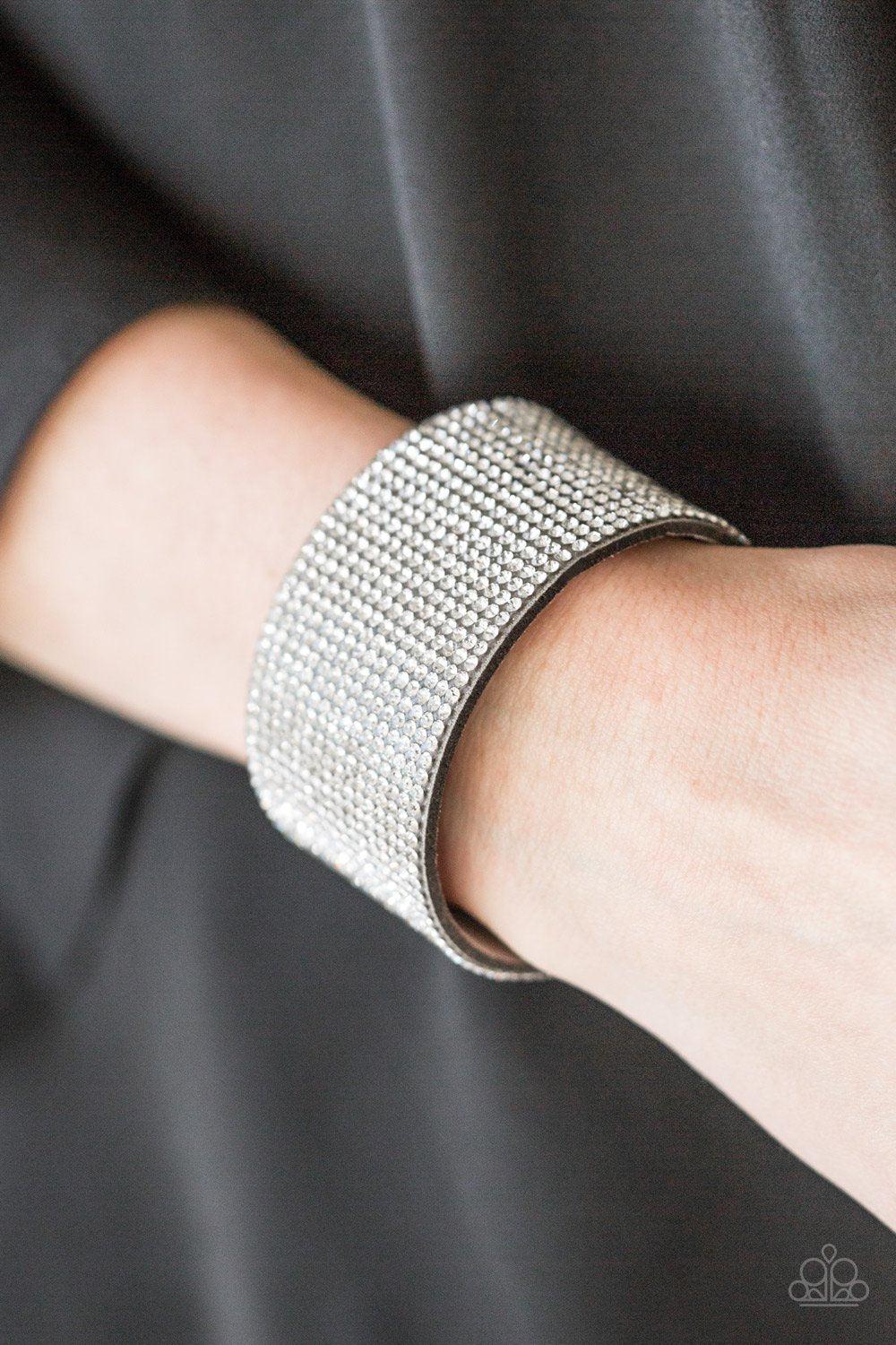 Roll With The Punches Silver and White Rhinestone Urban Wrap Snap Bracelet - Paparazzi Accessories- lightbox - CarasShop.com - Paparazzi Jewelry by Cara Jewels