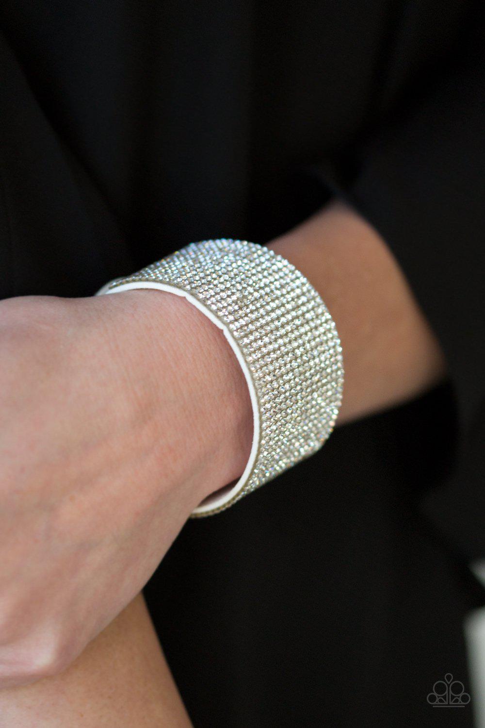 Roll With The Punches White Rhinestone Urban Wrap Snap Bracelet - Paparazzi Accessories- lightbox - CarasShop.com - Paparazzi Jewelry by Cara Jewels