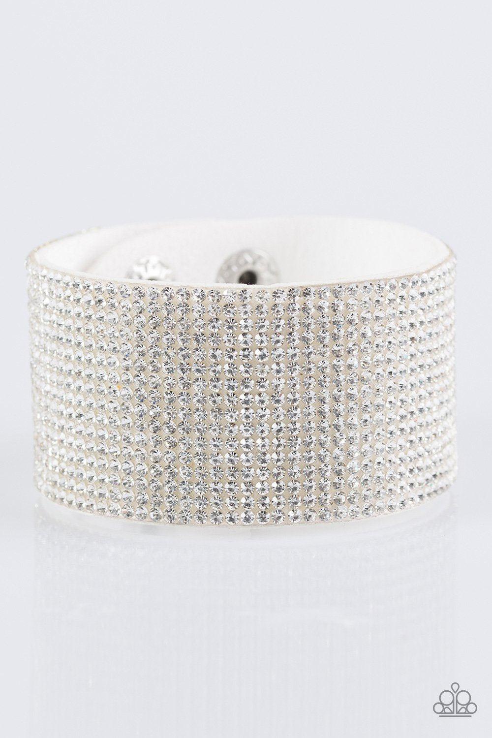 Roll With The Punches White Rhinestone Urban Wrap Snap Bracelet - Paparazzi Accessories- on model - CarasShop.com - Paparazzi Jewelry by Cara Jewels