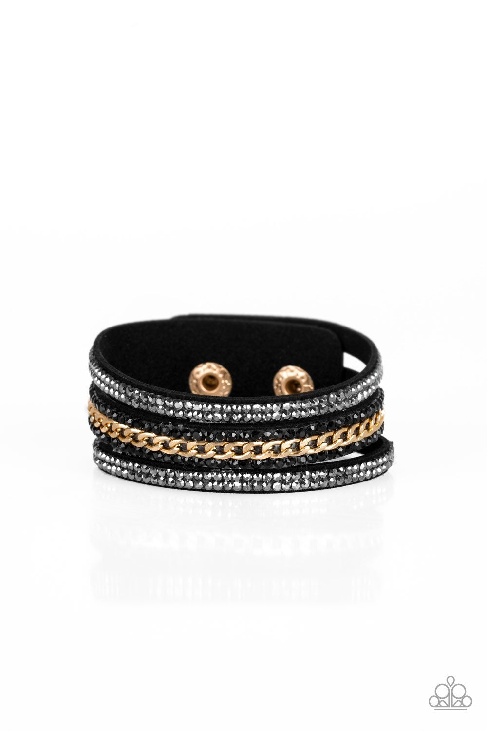 Rollin' In Rhinestones Black and Gold Urban Wrap Snap Bracelet - Paparazzi Accessories- lightbox - CarasShop.com - Paparazzi Jewelry by Cara Jewels