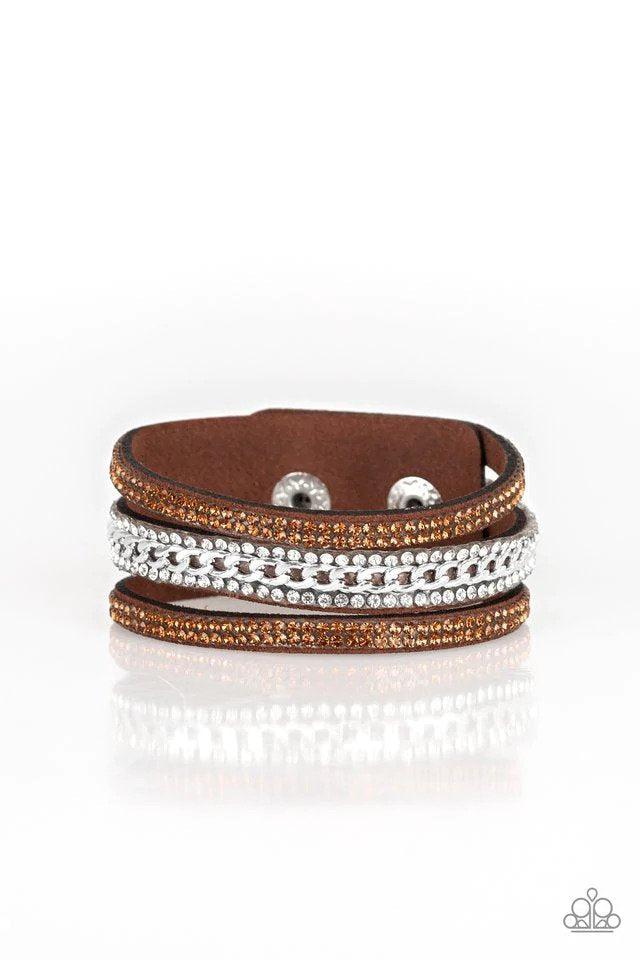 Rollin' In Rhinestones Brown Wrap Snap Bracelet - Paparazzi Accessories- lightbox - CarasShop.com - Paparazzi Jewelry by Cara Jewels