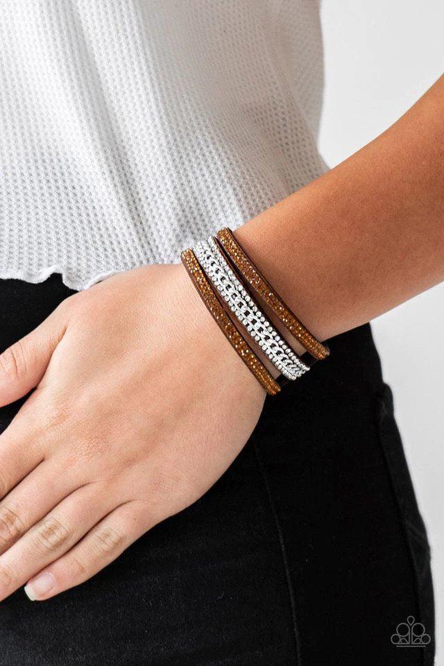 Rollin' In Rhinestones Brown Wrap Snap Bracelet - Paparazzi Accessories- lightbox - CarasShop.com - Paparazzi Jewelry by Cara Jewels