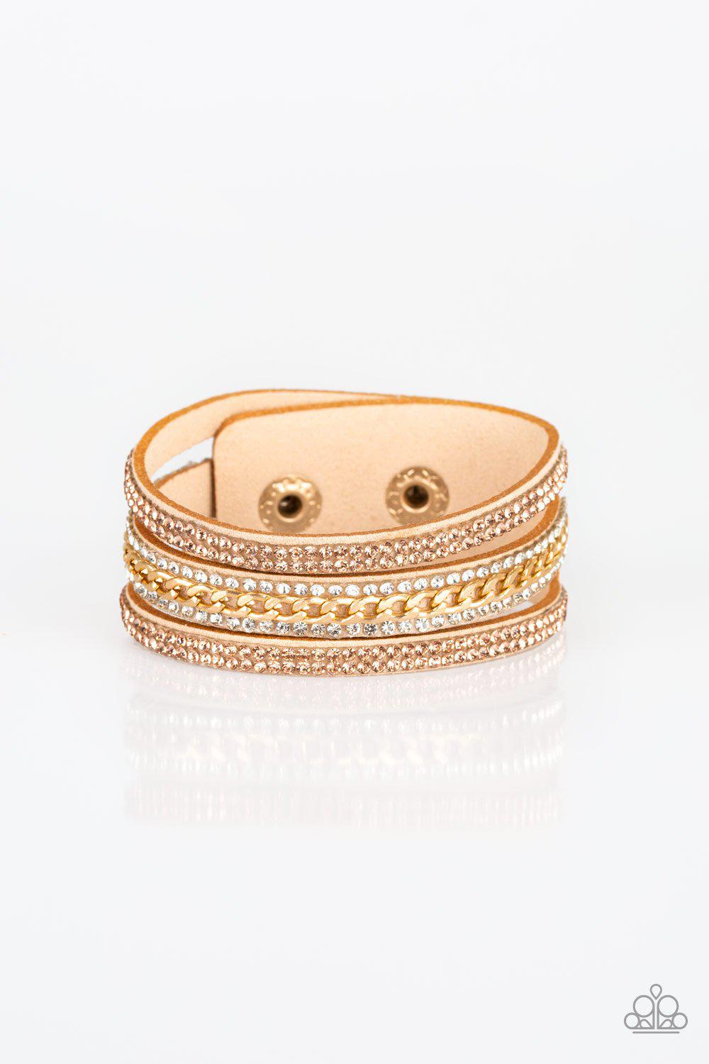 Rollin' In Rhinestones Gold Urban Wrap Snap Bracelet - Paparazzi Accessories- lightbox - CarasShop.com - Paparazzi Jewelry by Cara Jewels