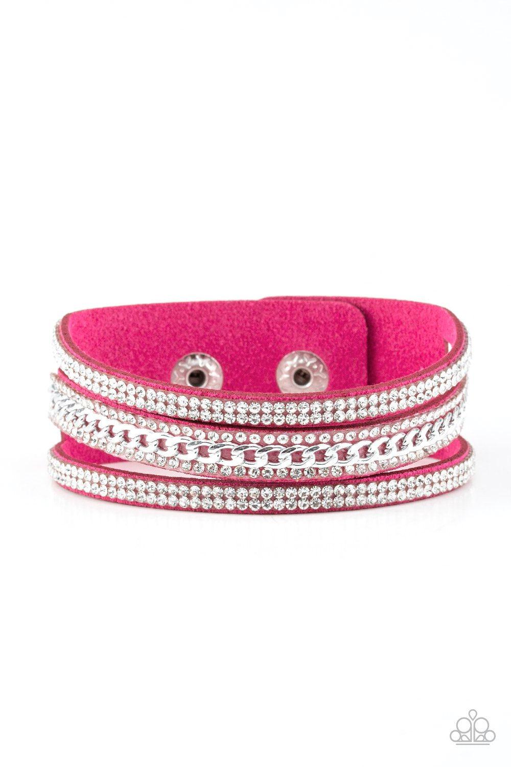 Rollin' In Rhinestones Pink Urban Wrap Snap Bracelet - Paparazzi Accessories- lightbox - CarasShop.com - Paparazzi Jewelry by Cara Jewels