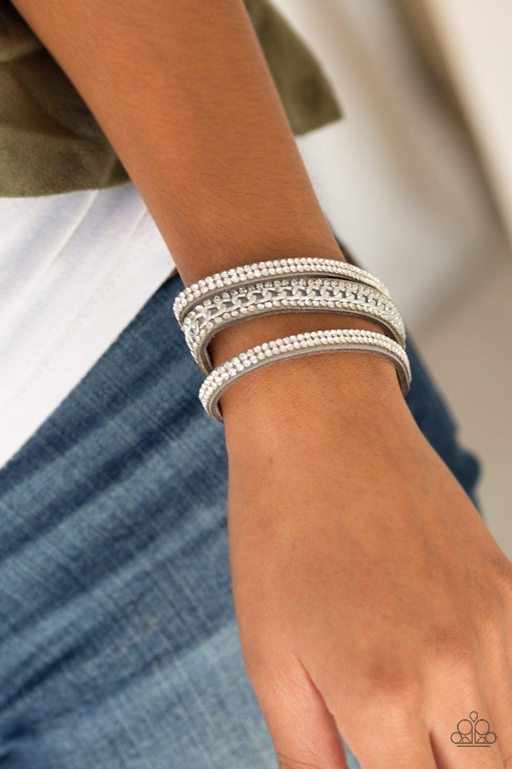 Rollin' in Rhinestones Silver and White Rhinestone Urban Wrap Snap Bracelet - Paparazzi Accessories- lightbox - CarasShop.com - Paparazzi Jewelry by Cara Jewels