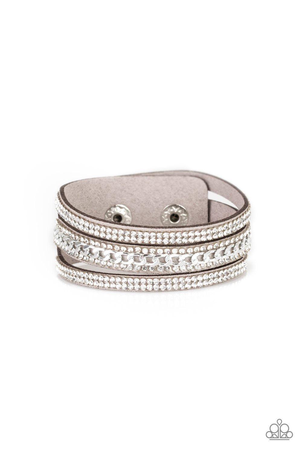 Rollin' in Rhinestones Silver and White Rhinestone Urban Wrap Snap Bracelet - Paparazzi Accessories- on model - CarasShop.com - Paparazzi Jewelry by Cara Jewels