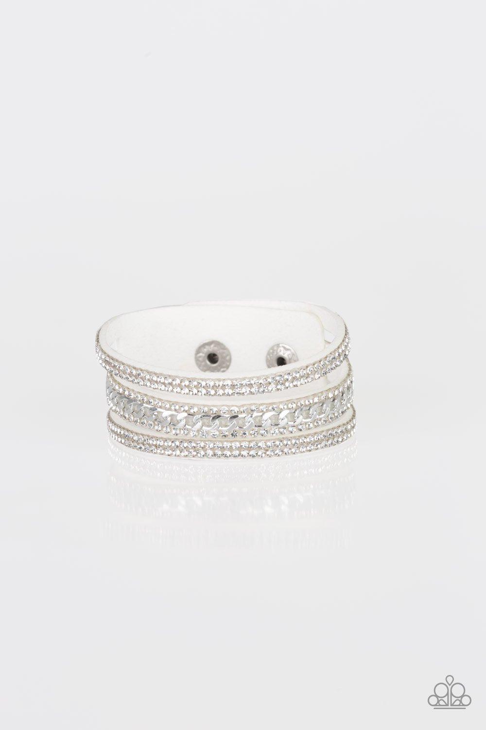 Rollin' In Rhinestones White Urban Wrap Snap Bracelet - Paparazzi Accessories- lightbox - CarasShop.com - Paparazzi Jewelry by Cara Jewels