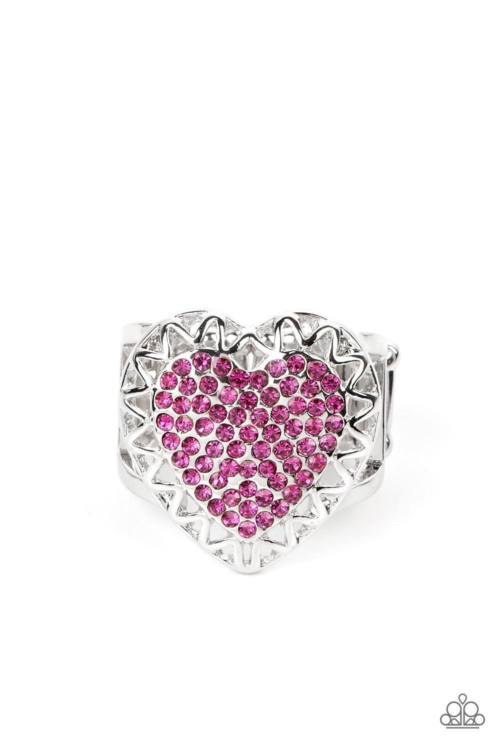 Romantic Escape Pink Rhinestone Heart Ring - Paparazzi Accessories- lightbox - CarasShop.com - Paparazzi Jewelry by Cara Jewels