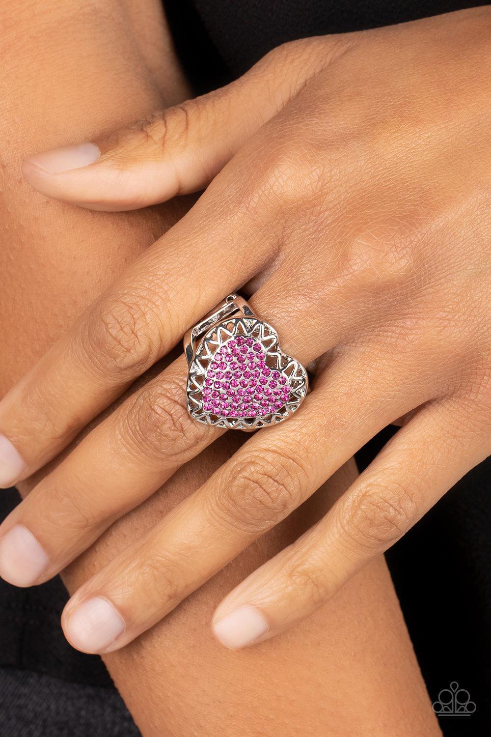 Romantic Escape Pink Rhinestone Heart Ring - Paparazzi Accessories- on model - CarasShop.com - Paparazzi Jewelry by Cara Jewels