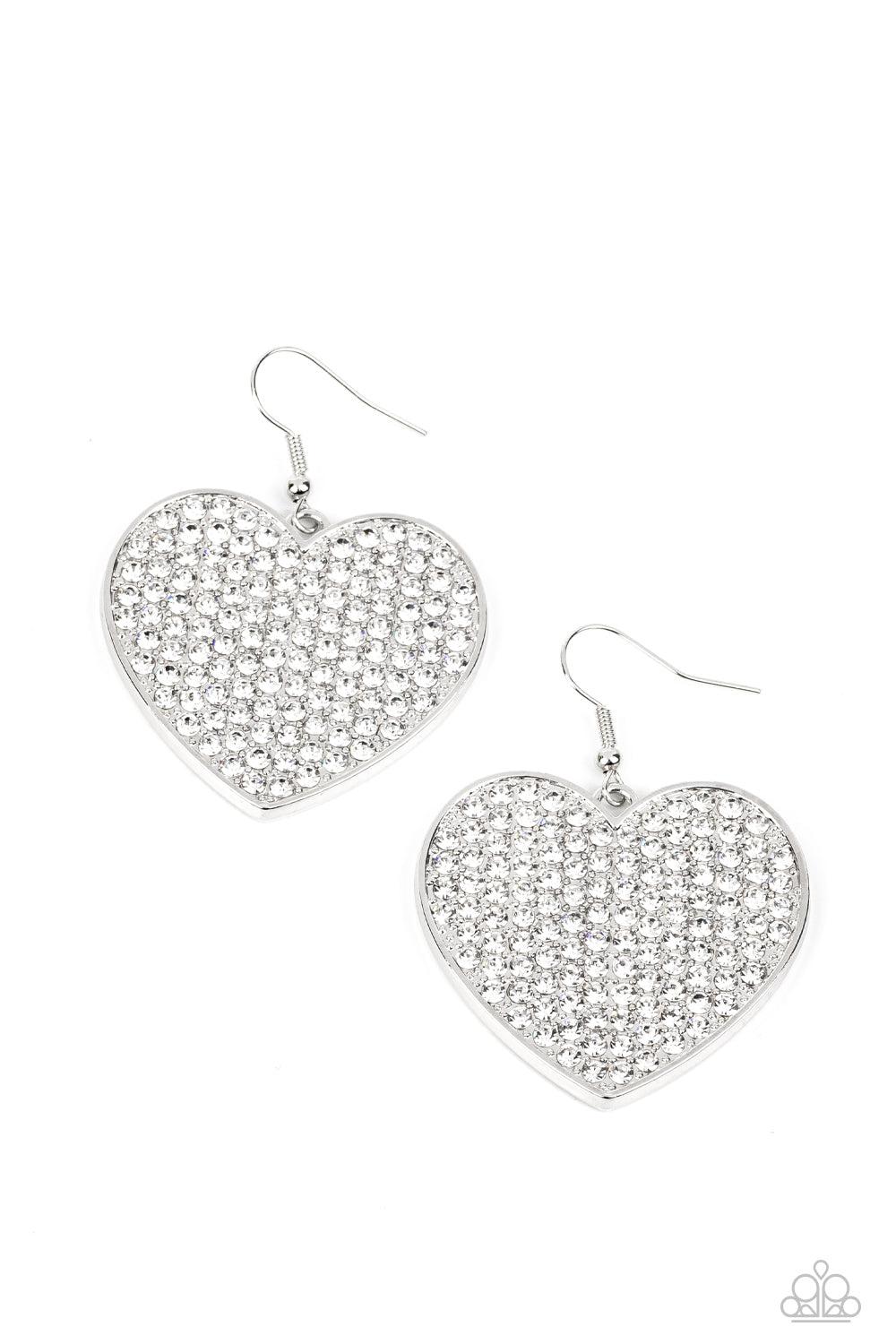 Romantic Reign White Rhinestone Heart Earrings - Paparazzi Accessories- lightbox - CarasShop.com - Paparazzi Jewelry by Cara Jewels