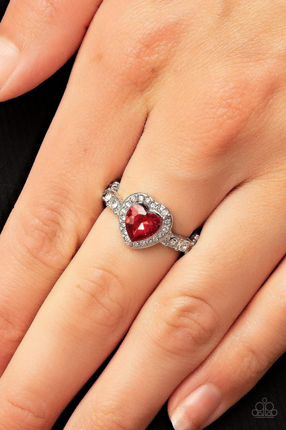 Romantic Reputation Red Rhinestone Heart Ring - Paparazzi Accessories- on model - CarasShop.com - Paparazzi Jewelry by Cara Jewels