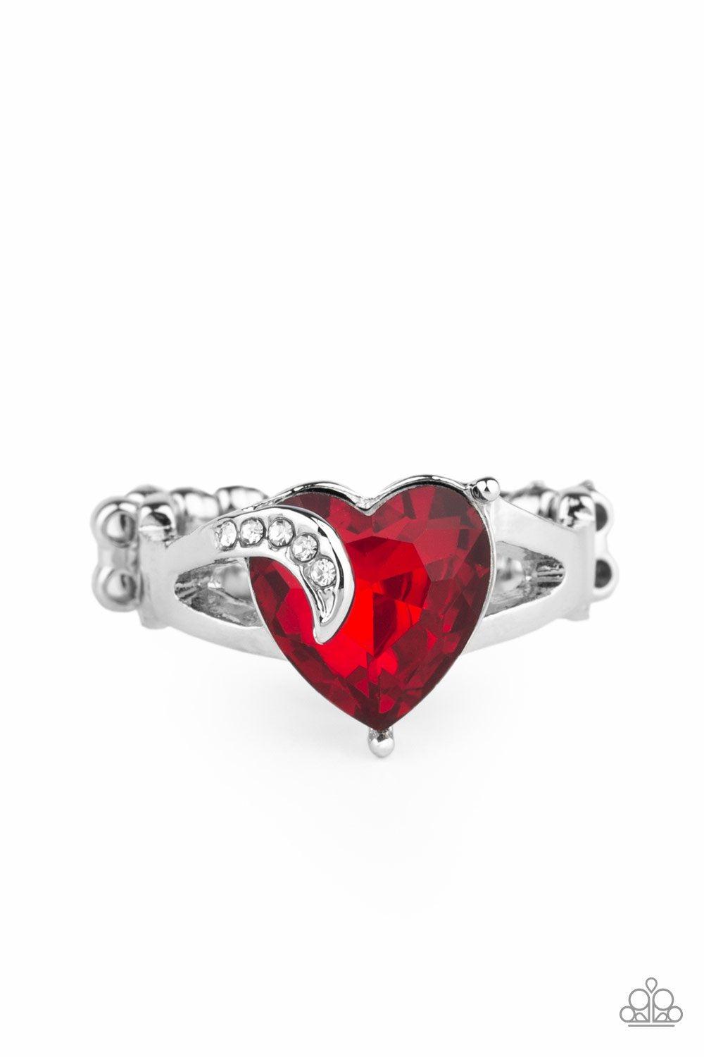 Romantic Reverie Red Rhinestone Heart Ring - Paparazzi Accessories- on model - CarasShop.com - Paparazzi Jewelry by Cara Jewels