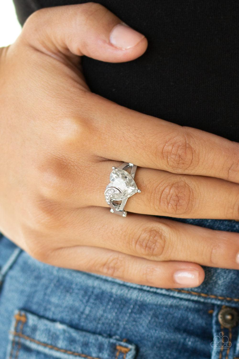 Romantic Reverie White Rhinestone Heart Ring - Paparazzi Accessories- on model - CarasShop.com - Paparazzi Jewelry by Cara Jewels