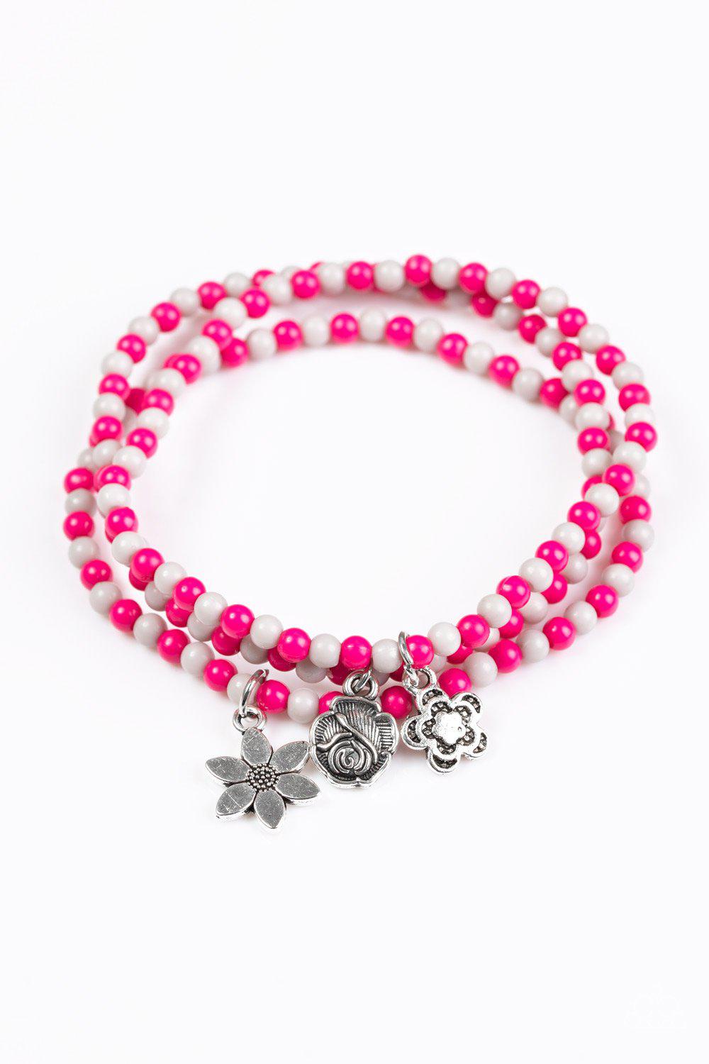 Rooftop Gardens Pink and Silver Charm Stretch Bracelet Set - Paparazzi Accessories- lightbox - CarasShop.com - Paparazzi Jewelry by Cara Jewels