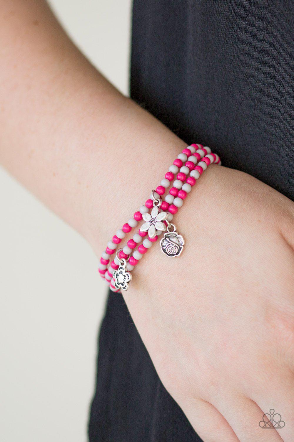 Rooftop Gardens Pink and Silver Charm Stretch Bracelet Set - Paparazzi Accessories- on model - CarasShop.com - Paparazzi Jewelry by Cara Jewels