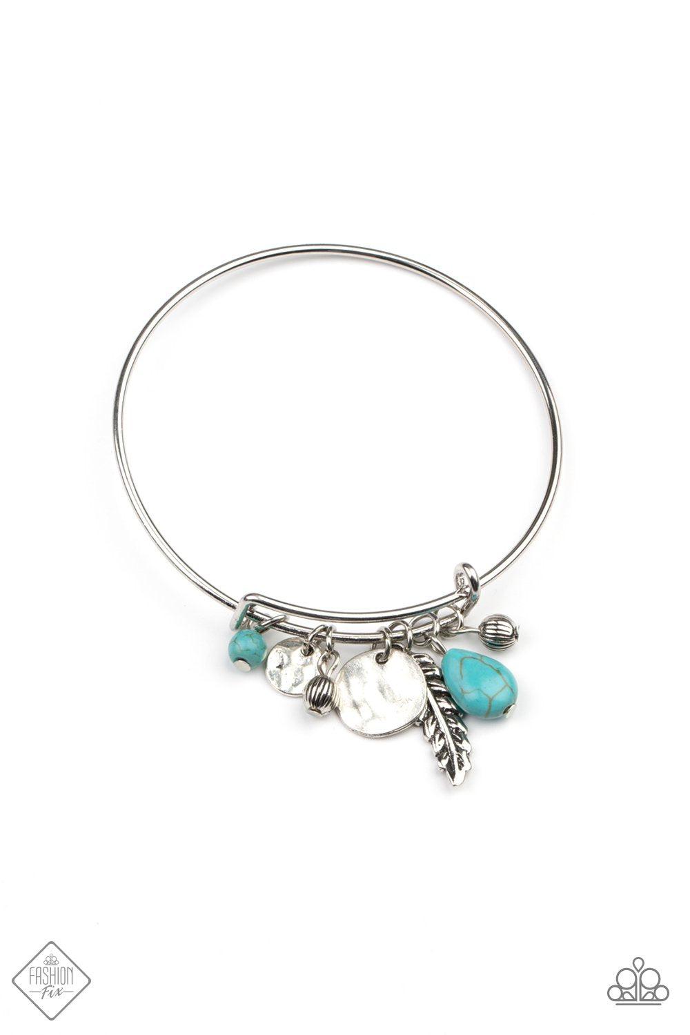 Root and RANCH Turquoise Blue and Silver Charm Bangle Bracelet - Paparazzi Accessories- on model - CarasShop.com - Paparazzi Jewelry by Cara Jewels