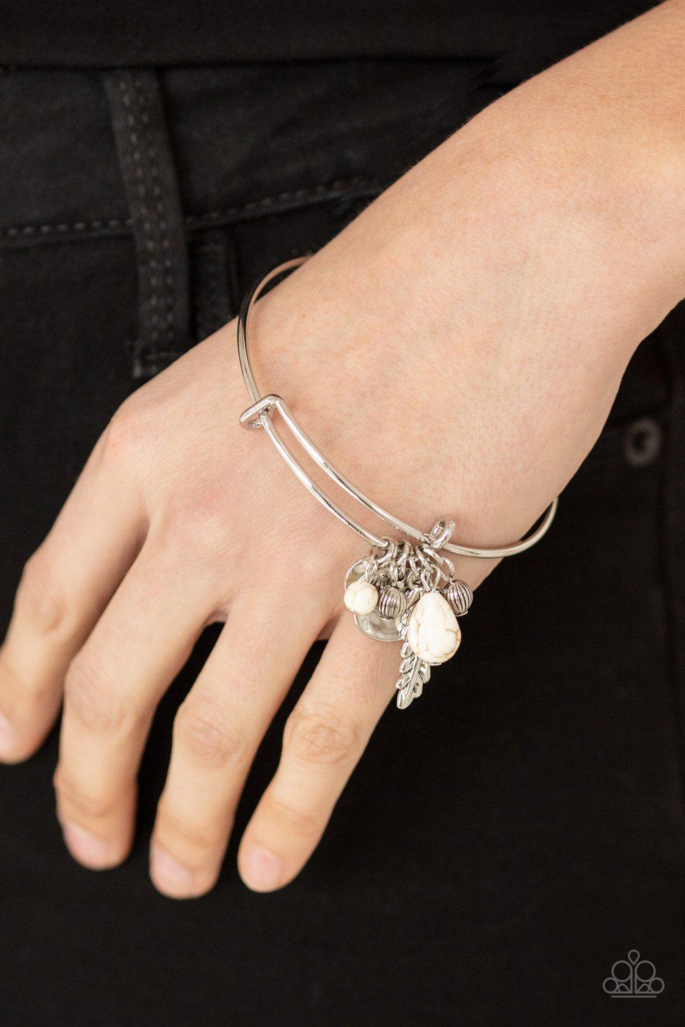 Root and RANCH White Stone Charm Bangle Bracelet - Paparazzi Accessories- on model - CarasShop.com - Paparazzi Jewelry by Cara Jewels