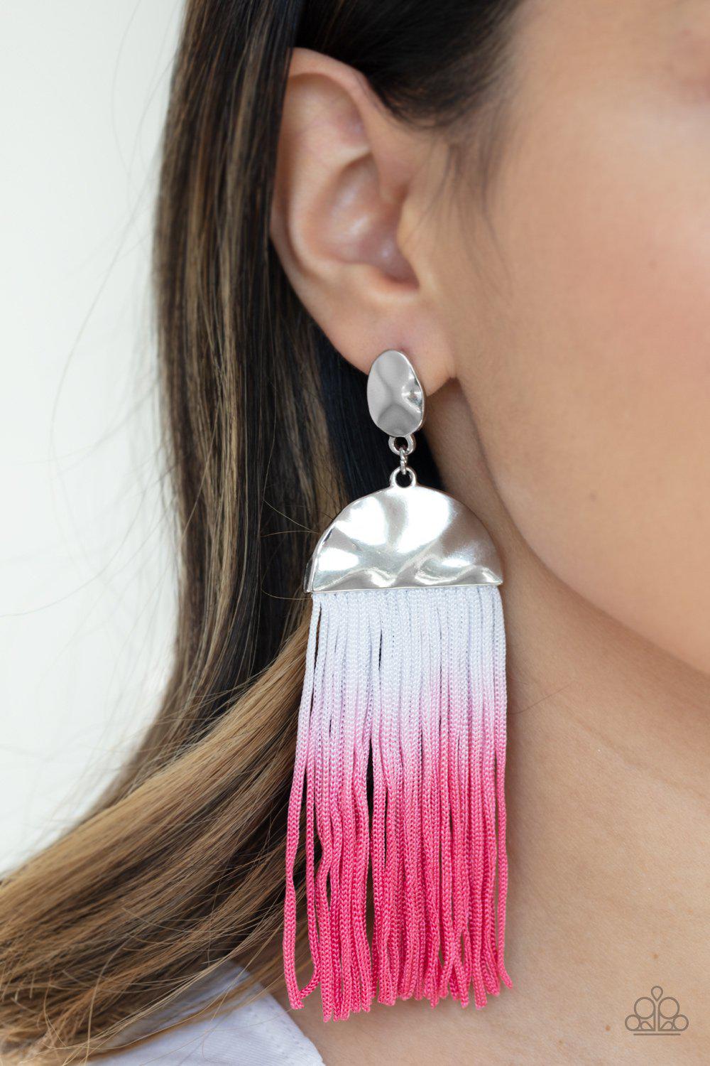 Rope Them In Pink and White Ombre Tassel Earrings - Paparazzi Accessories- on model - CarasShop.com - Paparazzi Jewelry by Cara Jewels