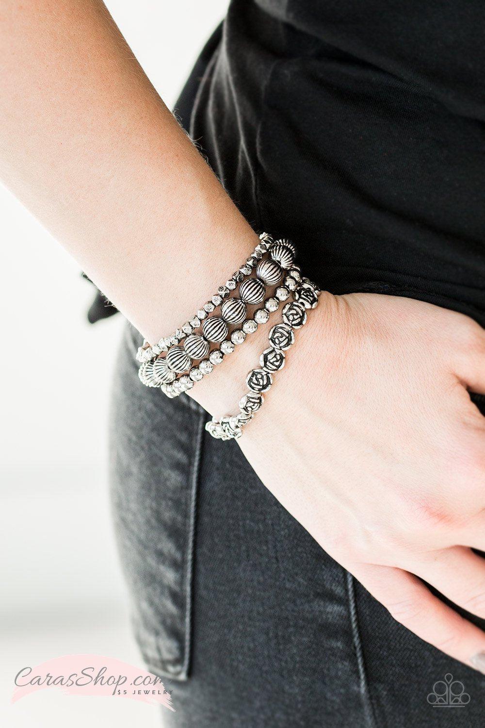 Rose Garden Gala - Silver Stretch Bracelet Set - Paparazzi Accessories- lightbox - CarasShop.com - Paparazzi Jewelry by Cara Jewels