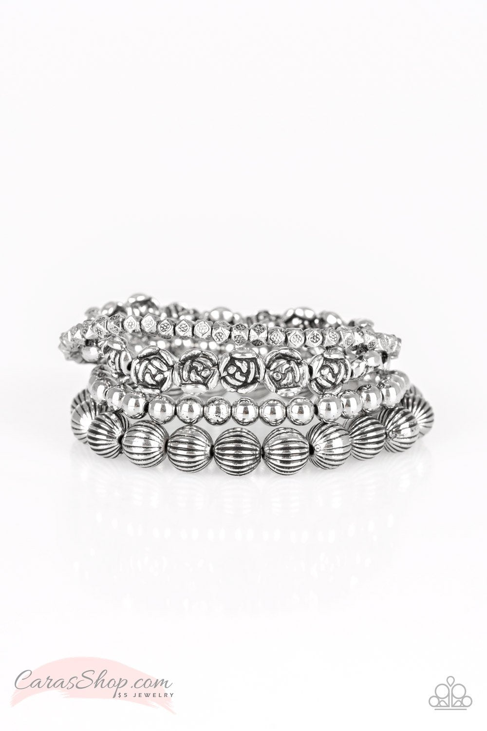 Rose Garden Gala - Silver Stretch Bracelet Set - Paparazzi Accessories- on model - CarasShop.com - Paparazzi Jewelry by Cara Jewels