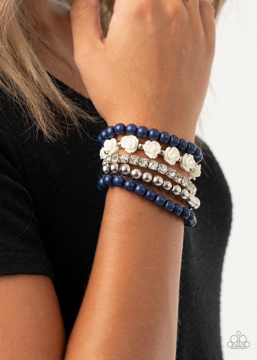 Rose Garden Grandeur Blue and White Rose Bracelet Set - Paparazzi Accessories- lightbox - CarasShop.com - Paparazzi Jewelry by Cara Jewels