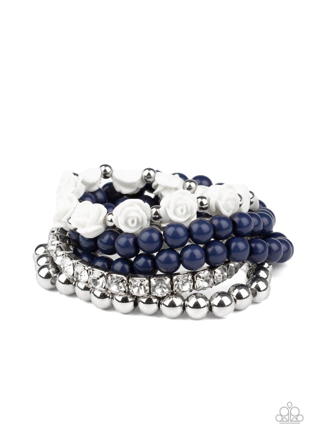 Rose Garden Grandeur Blue and White Rose Bracelet Set - Paparazzi Accessories- on model - CarasShop.com - Paparazzi Jewelry by Cara Jewels