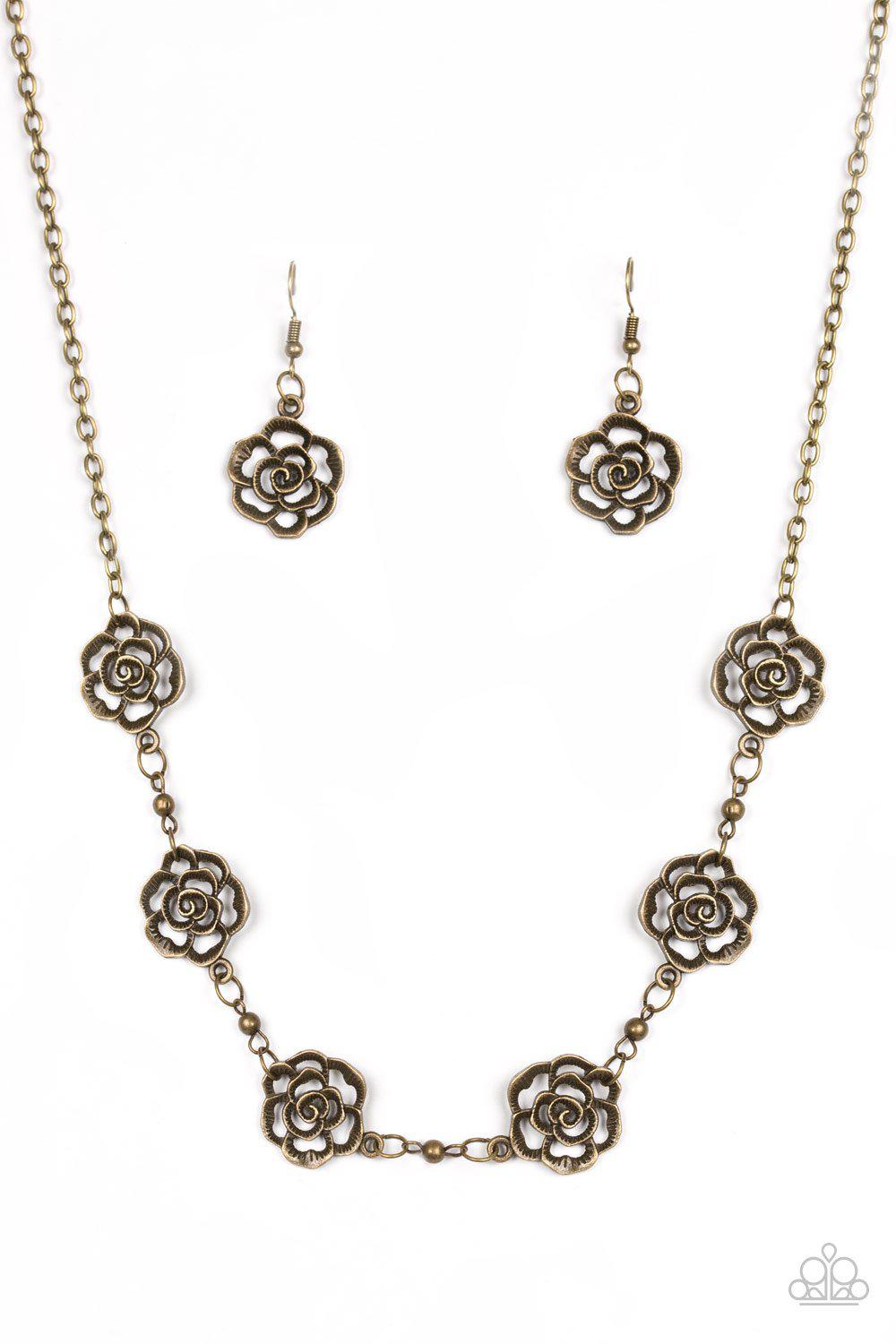 Rosebud Rapture Brass Flower Necklace - Paparazzi Accessories - free matching earrings -CarasShop.com - Paparazzi Jewelry by Cara Jewels
