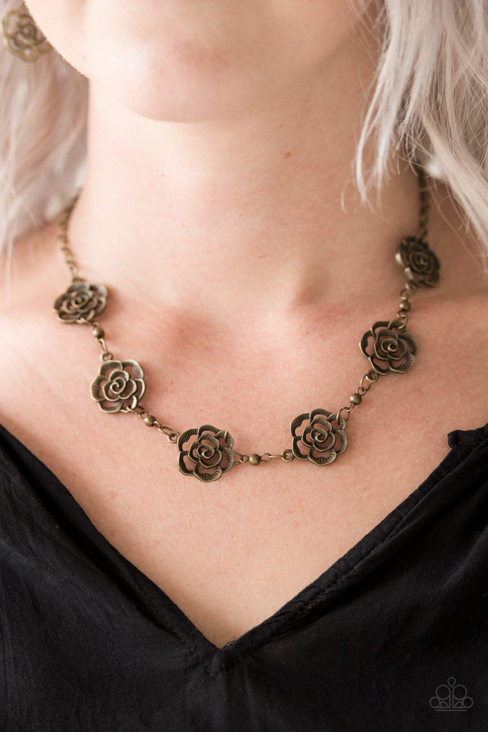 Rosebud Rapture Brass Flower Necklace - Paparazzi Accessories- lightbox - CarasShop.com - Paparazzi Jewelry by Cara Jewels