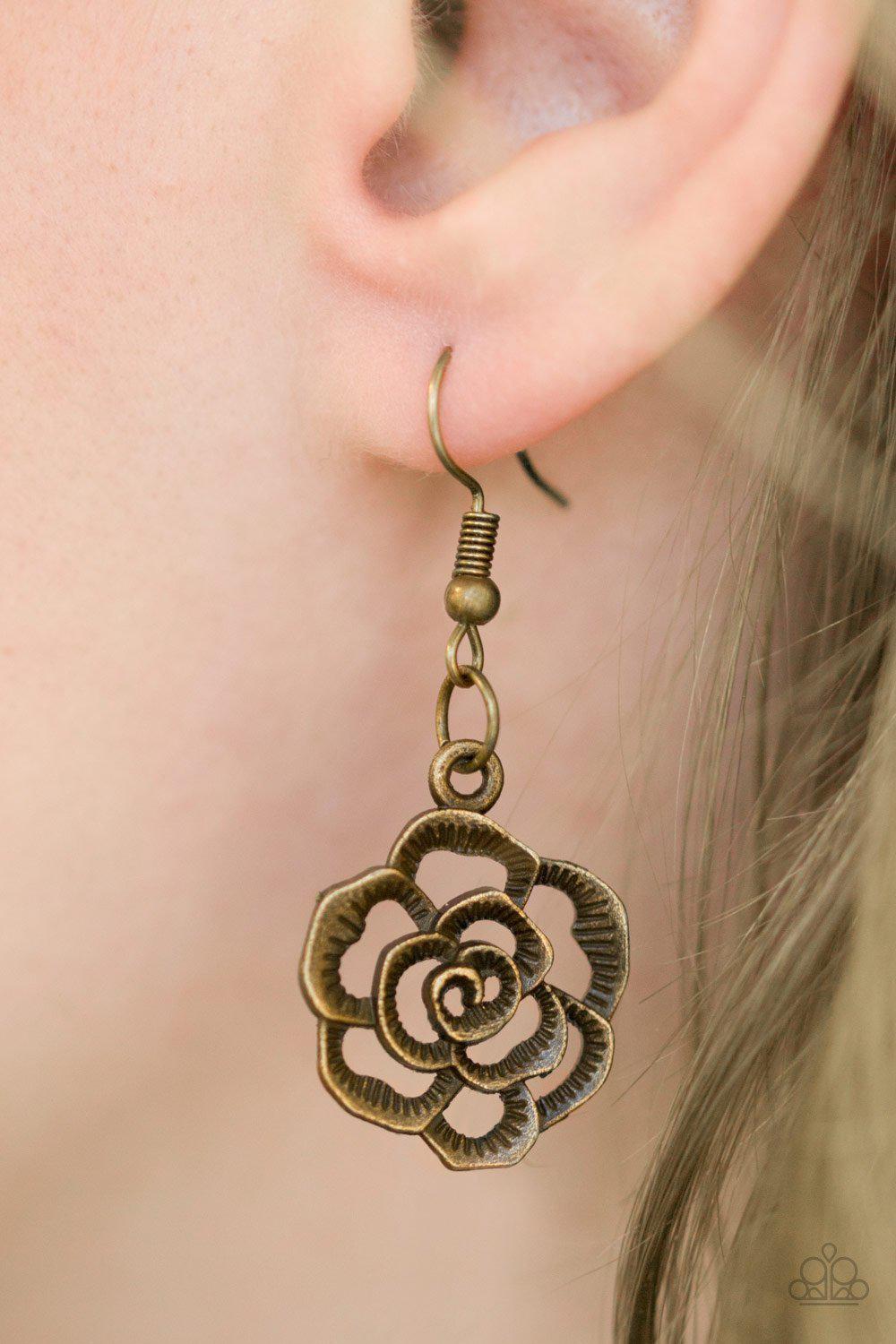 Rosebud Rapture Brass Flower Necklace - Paparazzi Accessories- on model - CarasShop.com - Paparazzi Jewelry by Cara Jewels