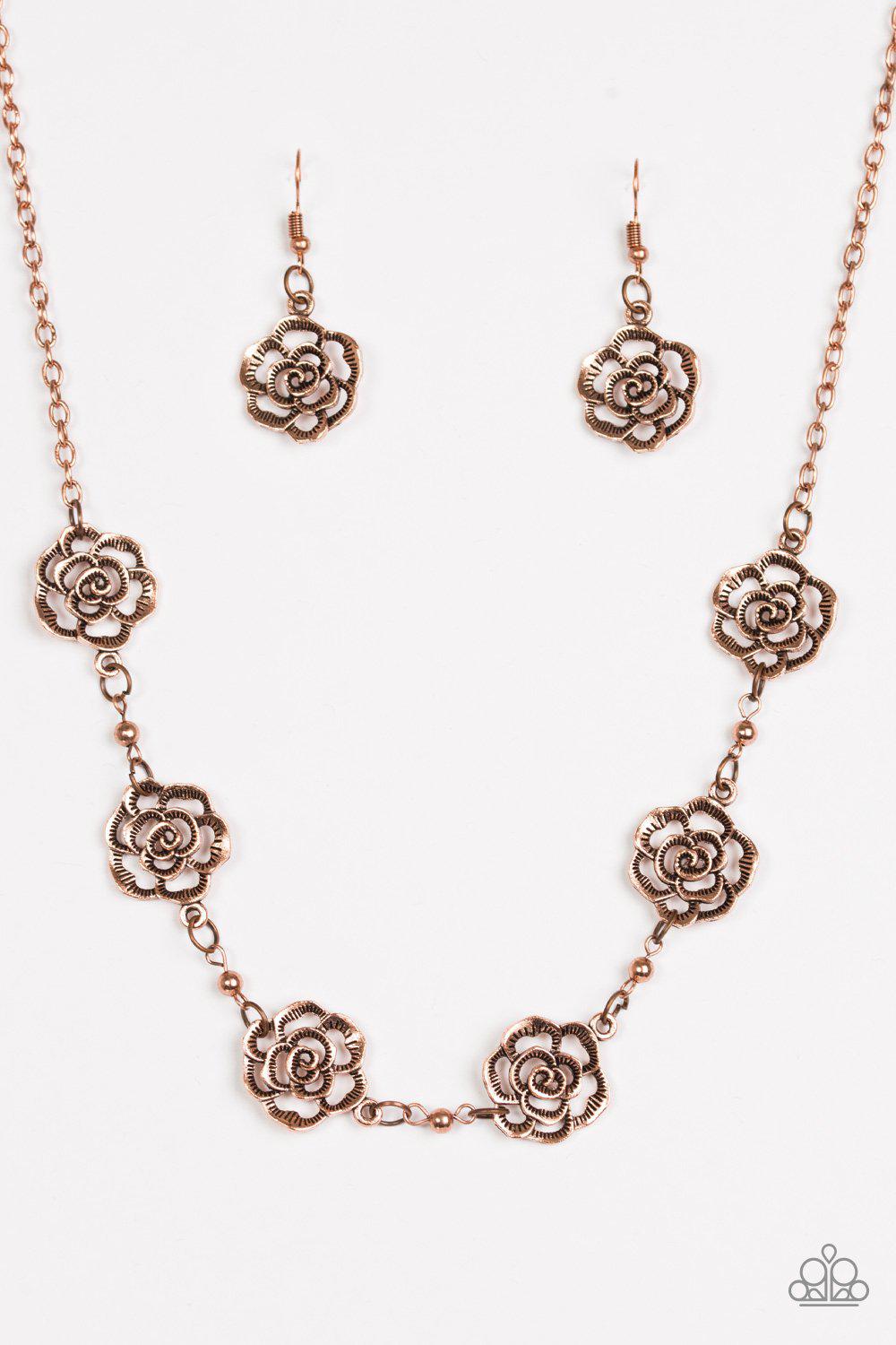 Rosebud Rapture Copper Flower Necklace - Paparazzi Accessories - free matching earrings -CarasShop.com - Paparazzi Jewelry by Cara Jewels