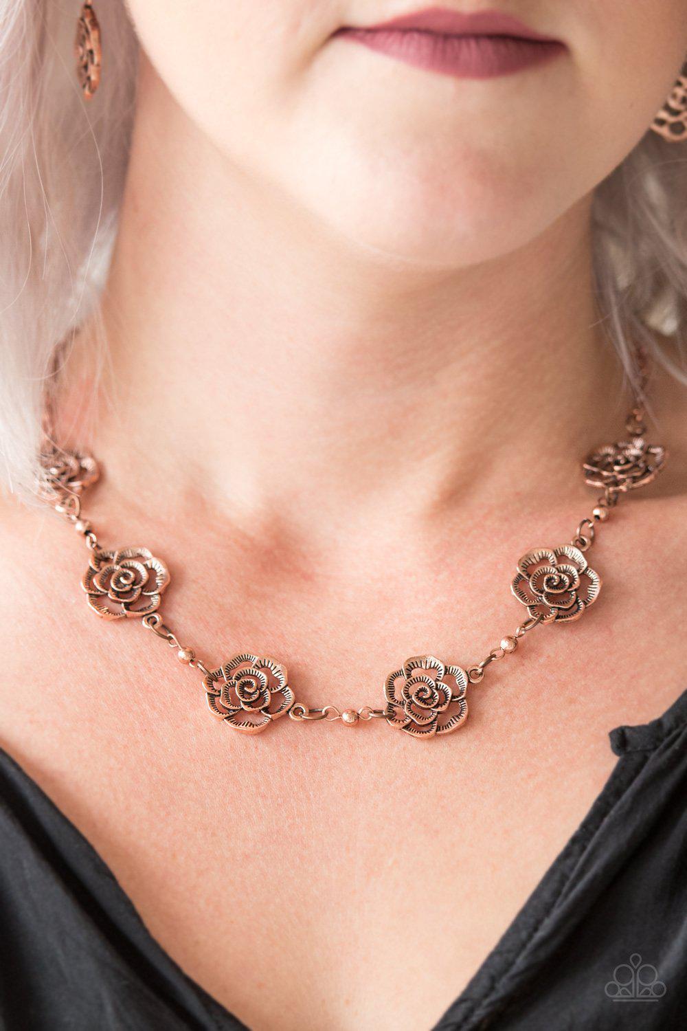 Rosebud Rapture Copper Flower Necklace - Paparazzi Accessories- lightbox - CarasShop.com - Paparazzi Jewelry by Cara Jewels