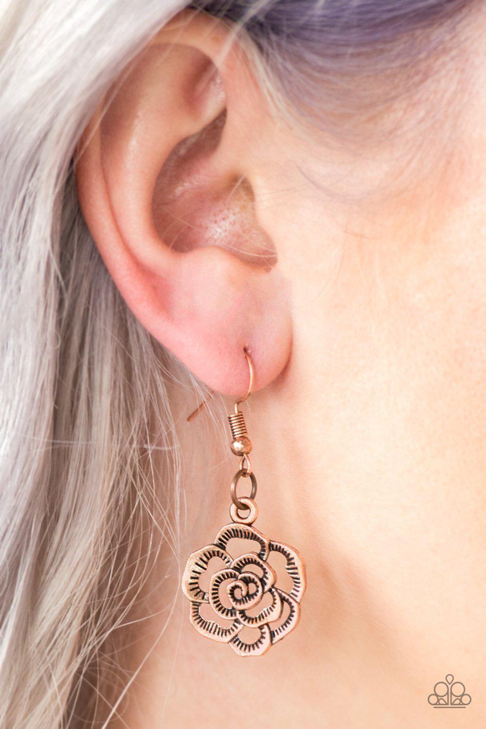 Rosebud Rapture Copper Flower Necklace - Paparazzi Accessories- on model - CarasShop.com - Paparazzi Jewelry by Cara Jewels