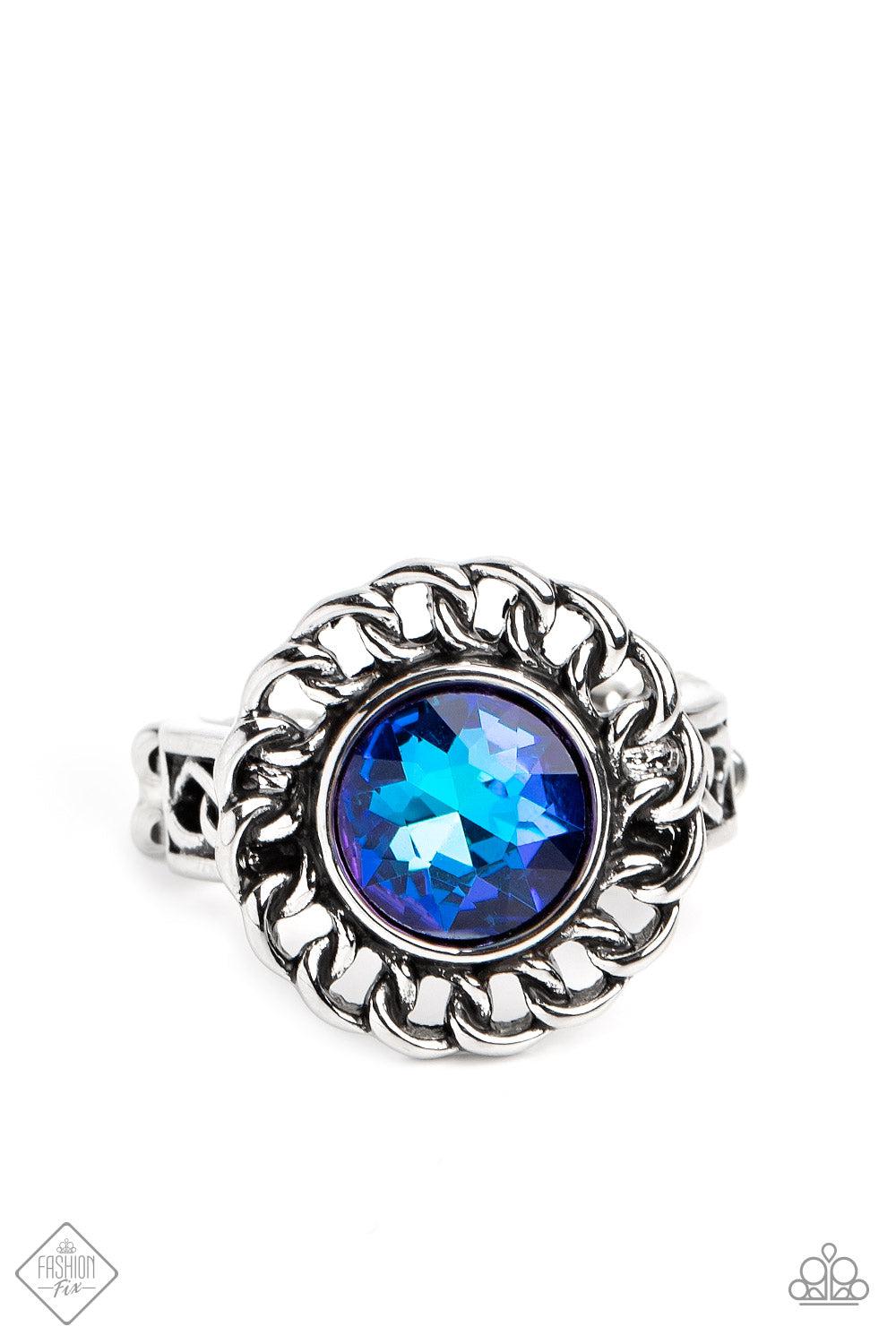 Round Table Runway Blue Rhinestone Ring - Paparazzi Accessories- lightbox - CarasShop.com - Paparazzi Jewelry by Cara Jewels