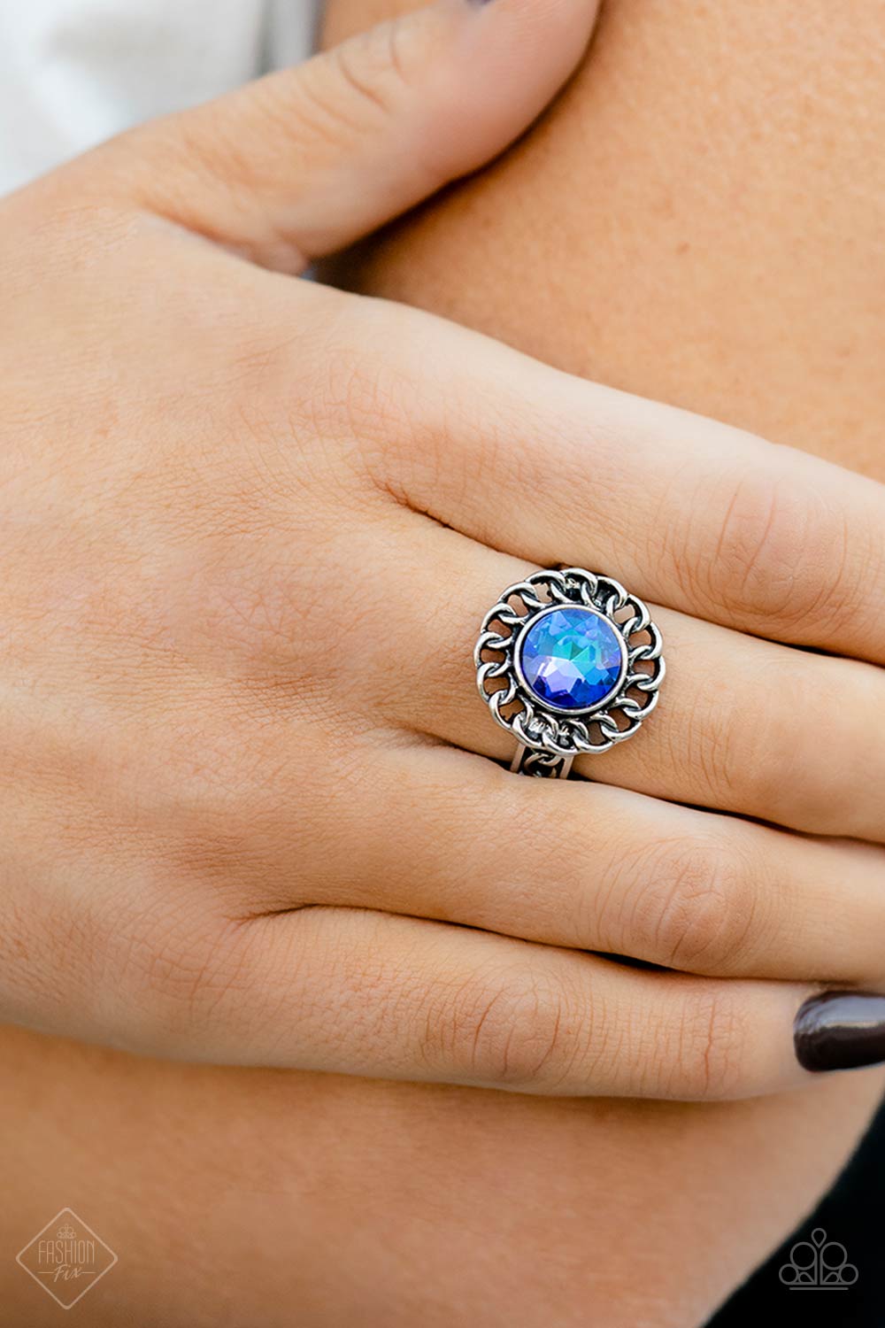 Round Table Runway Blue Rhinestone Ring - Paparazzi Accessories- on model - CarasShop.com - Paparazzi Jewelry by Cara Jewels