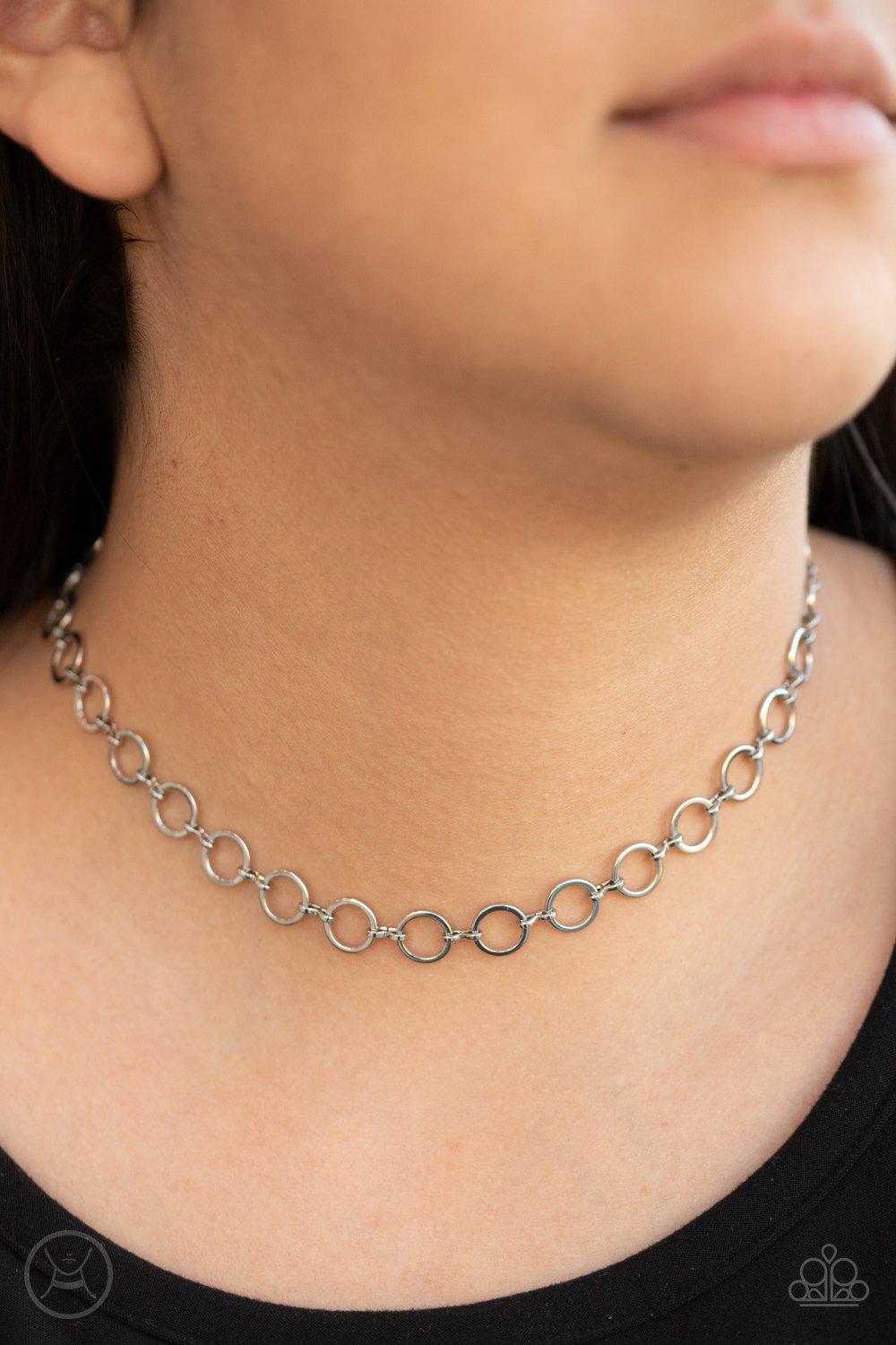 Roundabout Radiance Silver Choker Necklace - Paparazzi Accessories- lightbox - CarasShop.com - Paparazzi Jewelry by Cara Jewels