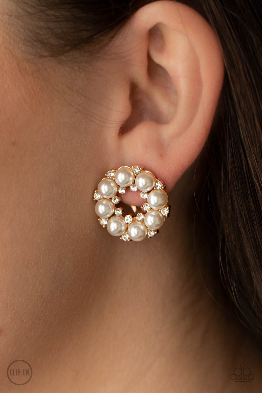 Roundabout Ritz Gold Earrings - Paparazzi Accessories- on model - CarasShop.com - Paparazzi Jewelry by Cara Jewels