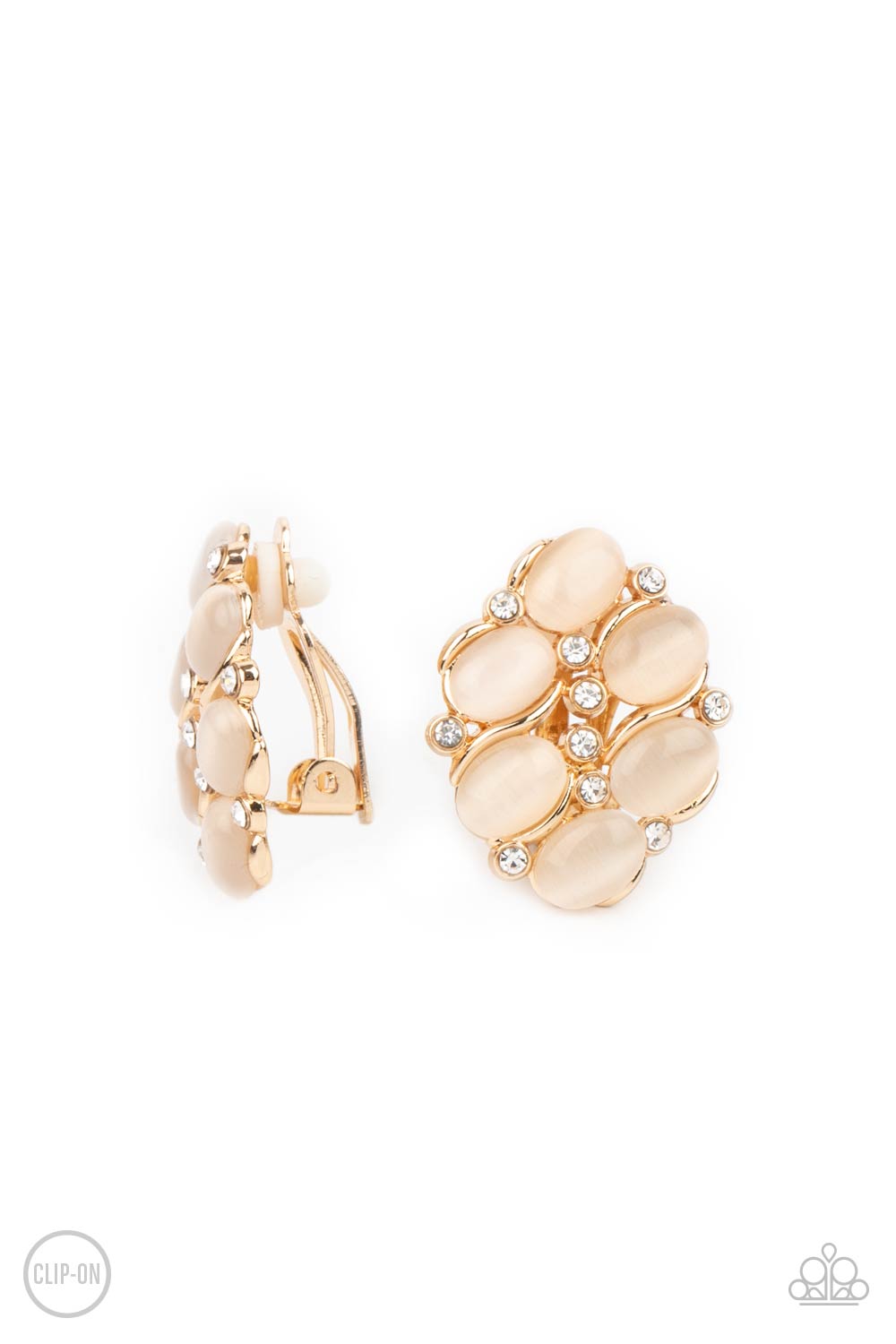 Row, Row, Row Your YACHT Gold Cat's Eye Stone Clip-On Earrings - Paparazzi Accessories- lightbox - CarasShop.com - Paparazzi Jewelry by Cara Jewels